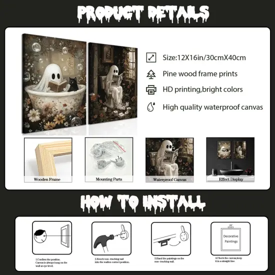 Set of 2 Halloween Ghost Bathroom Wall Art - 12x16 Inch (Framed) {3}