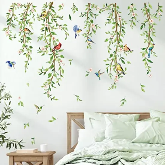 decalmile Hanging Vine Wall Decals Birds Green Leaf Wall Stickers Bedroom Living Room Office Kitchen Wall Decor {1}