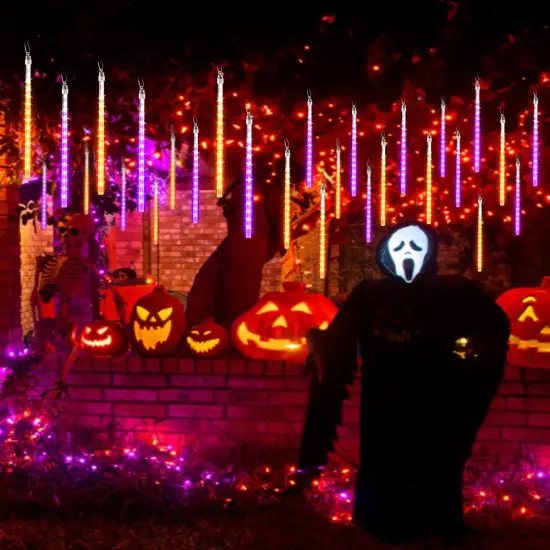 Halloween Lights Outdoor 10 Tubes 240 LED Raindrop Lights Meteor Shower Icicle Lights with Timer Function Cascading Lights Falling Rain Lights for Halloween Orange Purple {5}