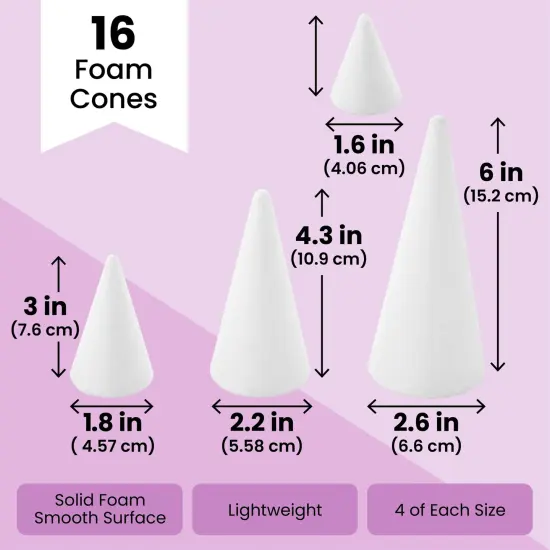 Bright Creations 16 Pack Foam Cones for Crafts - 4 Assorted Sizes for Trees, Holiday Decorations - Handmade Gnomes (White, 2.2-6 in) {3}