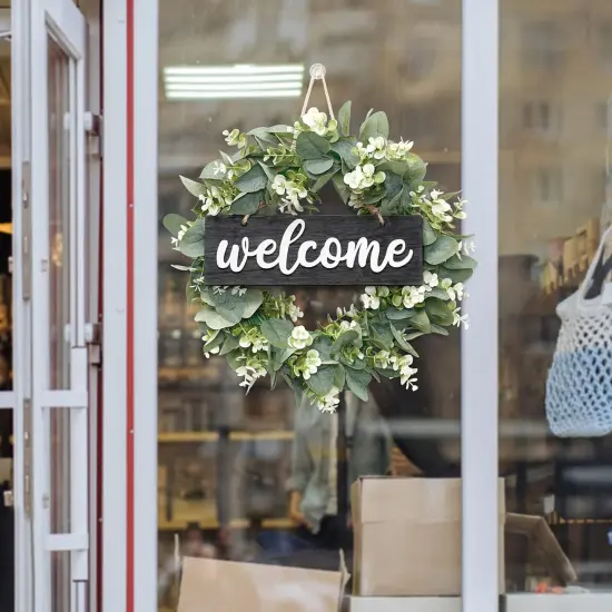 Wreath for Front Door 16 Inch Eucalyptus Leaves Wreath Green Leaves Wreath with Welcome Sign Door Wreath Spring Summer Wreath for Farmhouse Home Porch Indoor Outdoor Decor (Black) {2}