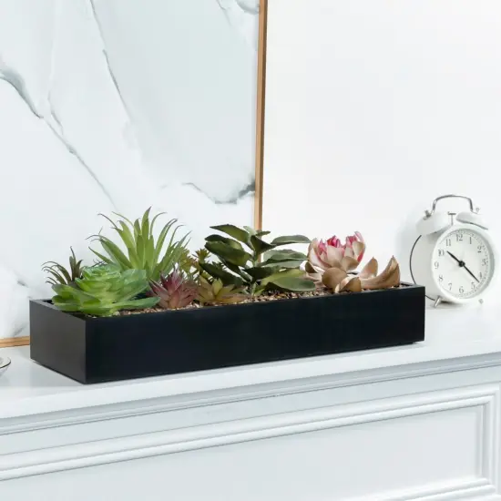 Artificial Assorted Succulent Arrangement in Rectangular Black Wood Planter Box, Fake Plant Decor {3}
