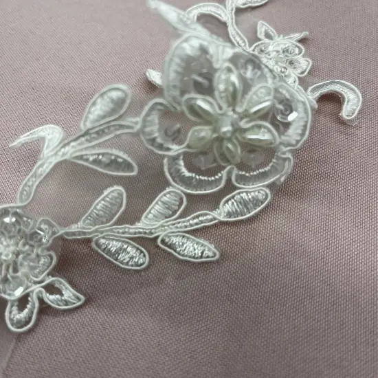 1 Pair Beaded & Corded Lace Applique Embroidered on 100% Polyester Organza 10" x 2" Each Side Ivory / Gold {2}