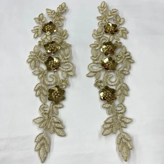 1 Pair 11" x 3" Each Side Beaded & Corded Floral 3D Lace Applique 100% Polyester Net Mesh Silver {3}