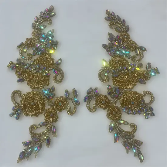 1 Pair Crystal Rhinestone Beaded & Corded Lace 100% Polyester, 12" x 5" Each Side Silver AB {3}