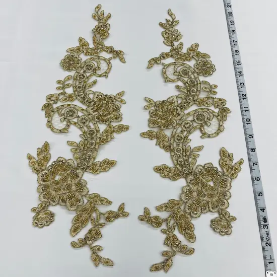 1 Pair Beaded & Corded Floral Lace Applique for Bridal & Quinceanera Dresses 100% Polyester Mesh 20" x 5.5" Each Side Gold Metallic {1}