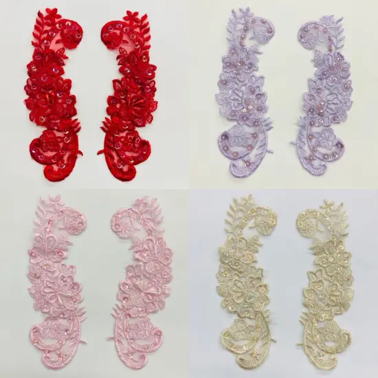 1 Pair Beaded Lace Applique Embroidered on 100% Polyester Organza 9" x 3" Each Side Gold {2}