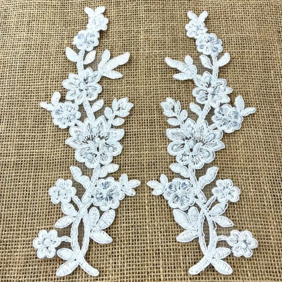 1 Pair Beaded & Corded Floral Lace Applique 10" x 2" Each Side white {1}