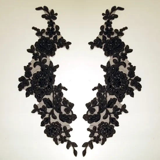 1 Pair Beaded & Corded Floral Lace Applique on 100% Polyester Net Mesh 13" x 3" Each Side Silver {4}