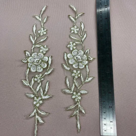 1 Pair Beaded & Corded Lace Applique Embroidered on 100% Polyester Organza 10" x 2" Each Side Antique Gold {5}