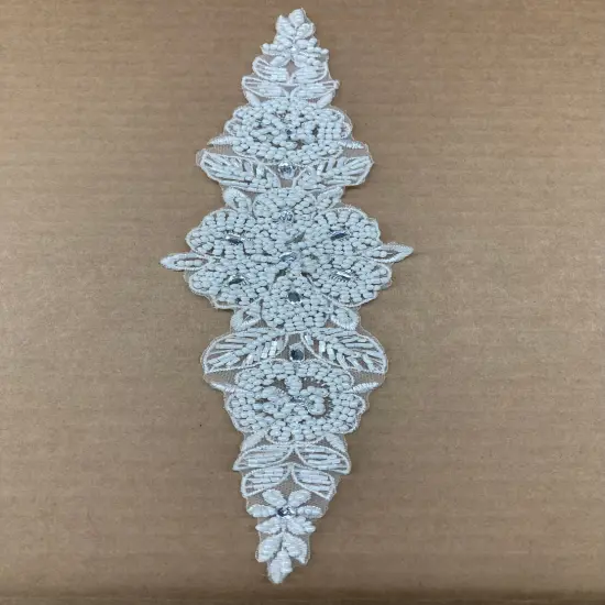 Pearl & Rhinestone Beaded Lace Applique 100% Polyester Net Mesh 12.5" x 3" Ivory {3}