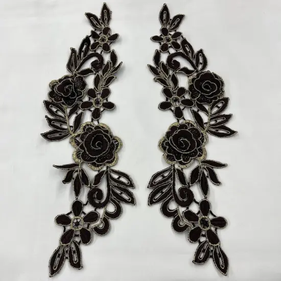 1 Pair 3D Floral Lace Applique Embroidered on 100% Polyester Net Mesh 14" x 5" Each Side Red/gold {4}