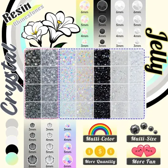 28 Types Black White Transparent Flatback Resin Rhinestones with Glue - 3-6mm (Neutral Series) {2}
