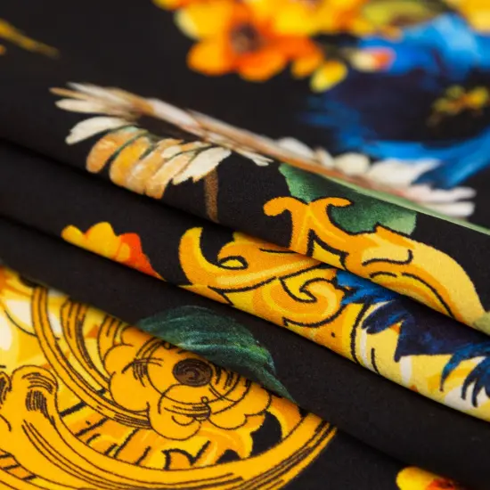 1 Yard Mood Designer Silk Charmeuse Italian Black Gold Floral Scroll Chain Print, 55 Inches Wide {3}