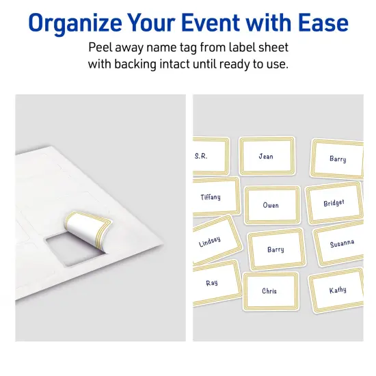Avery&reg; Printable Rectangle Adhesive Name Tags, Multi-Lined Gold Border Design, 2-1/3" x 3-3/8", Matte White Removable Name Tags, Laser/Inkjet, 80 Total, Great for Name Badges {6}