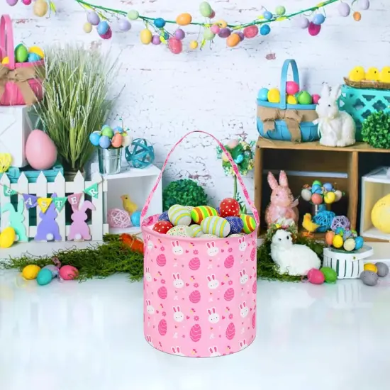 Easter Eggs Storage Basket Gift Buuny Basket Collapsible Storage Bins with Handles Nursery Basket for Home and Office Decoration (Pink Rabbit) {5}