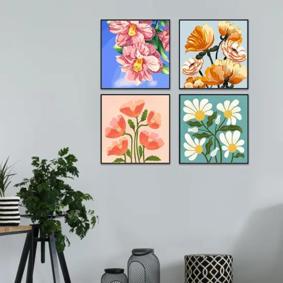 Flowers Paint by Number for Adults Canvas Framed, 4 Pack 10"x10" Easy Framed Paint by Number Kits for Beginner Kids, DIY Simple Flowers Acrylic Oil Painting Number Kits with Frame {2}