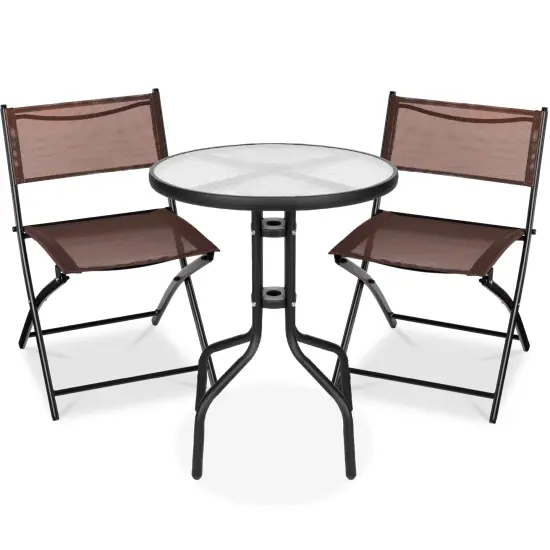 Best Choice Products 3-Piece Patio Bistro Dining Furniture Set w/ Round Textured Glass Tabletop, Folding Chairs Brown {1}