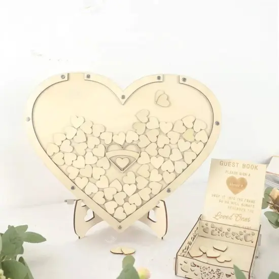 13" Natural Wooden Heart Drop Top Frame Wedding Guest Book Sign Set Party Event {2}