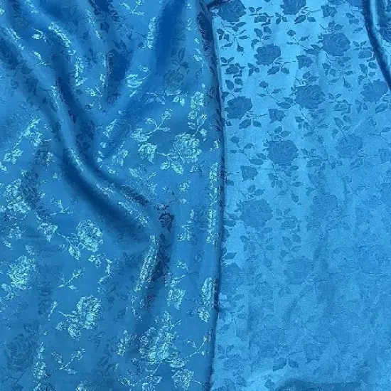 1 Yard Royal Blue Rose Floral Jacquard Satin Fabric, 100% Polyester, 60/59&Prime; Width {1}