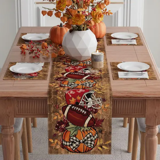 Fall Football Pumpkin Wood Table Runner Table Decoration, 13x72 Inch {2}