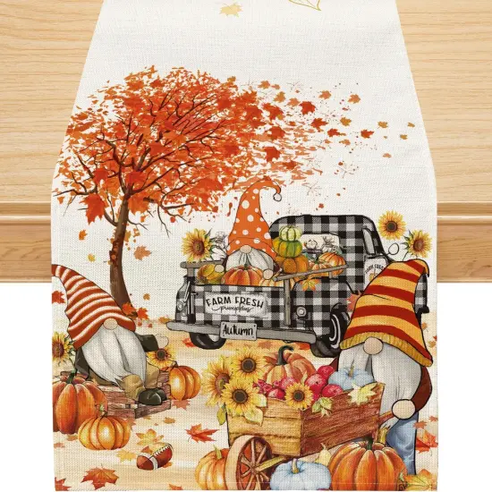 Fall Table Runner, Watercolour Gnome Harvest Truck Pumpkins Runner,13x72 Inch {1}