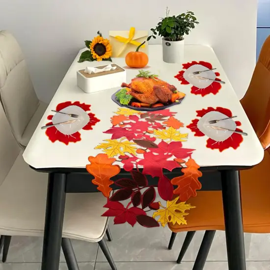 Embroidery Maple Pattern Table Runner,14" X 34" Red Orange {3}