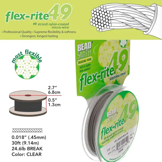 The Beadsmith Flex-Rite 49 Strand Nylon Coated, Stainless-Steel Beading Wire, Jewelry Making Supply (.018 Dia, Clear - 30 Ft) {4}