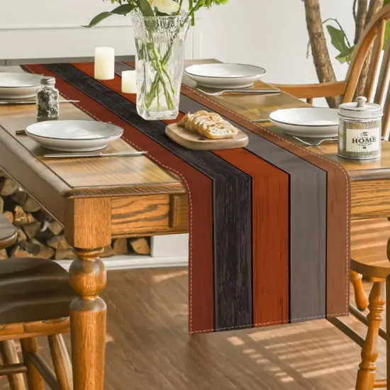 Orange Grey Retro Rustic Wood Texture Table Runner {4}