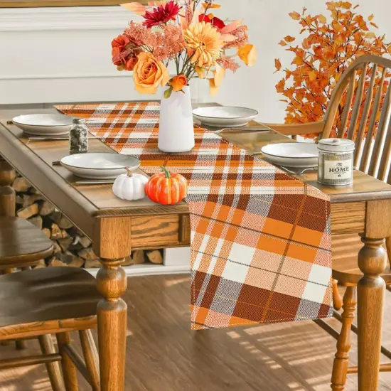 all Plaid Table Runner 72 Inch Long,Brown Autumn Outdoor Kitchen-13x72 (Orange, 13" x 72") {2}