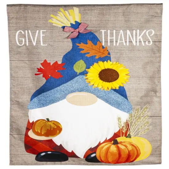 Give Thanks Fall Gnome Flag 2 Sided Burlap House Banner {1}