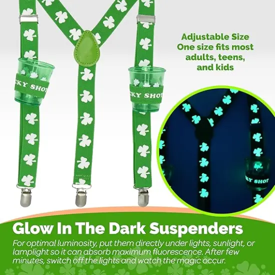 4E's Novelty St Patricks Day Glow in the Dark Suspenders, Shot Glass, Shamrock Glasses, Bowtie Accessories Set for Women, St Patricks Day Outfits for Men Leprechaun Costume {2}