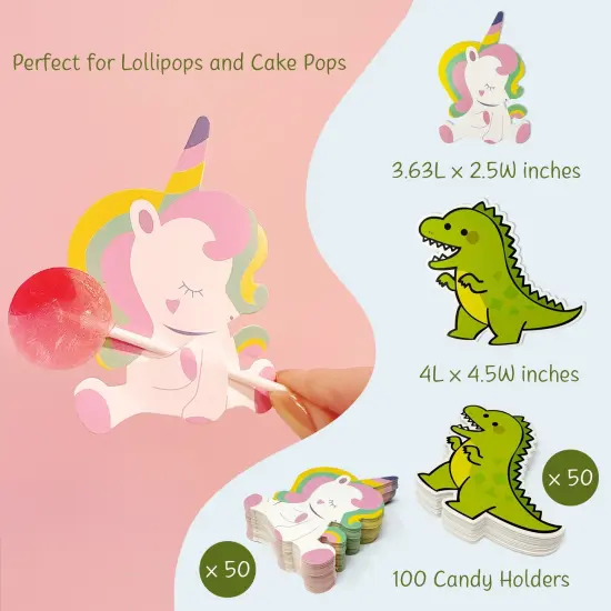 Wrapables Birthday Lollipop Paper Card Candy Holders, Party Supplies, Decorations, Party Favors (100pcs), Dinos and Unicorns {2}