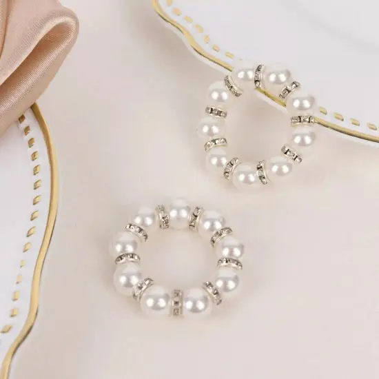 4 White Faux Pearl Beads Silver Rhinestones NAPKIN RINGS Party Event Decorations {4}