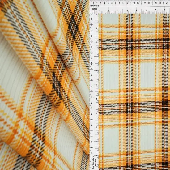 1 Yard Ivory Mustard Plaid 4X2 Yummy Rib Knit Fabric Soft Stretch 58/60 Inches Wide {3}