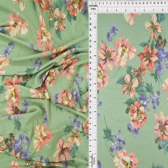 Vintage Floral Knit Fabric Soft Stretch Flower Print, 58/60" Wide SAGE {5}