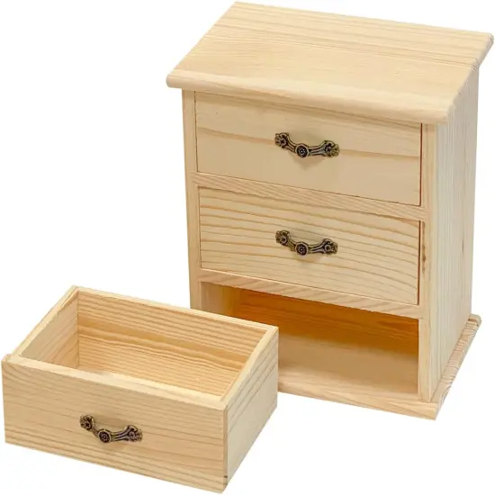 2 Pack Wooden box with 3 Mini Drawers for Jewellery,Unfinished Wood Surface Box, Small Wooden Organizer Storage Box for Arts Crafts DIY Project {4}