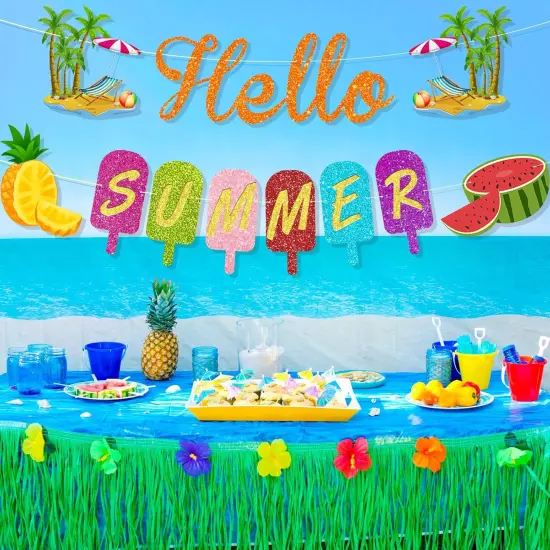 Glitter Summer Party Decorations, Colorful Hello Summer Banner Hawaiian Ice Cream Popsicle Summer Party Supplies for Home Mantle Fireplace {5}