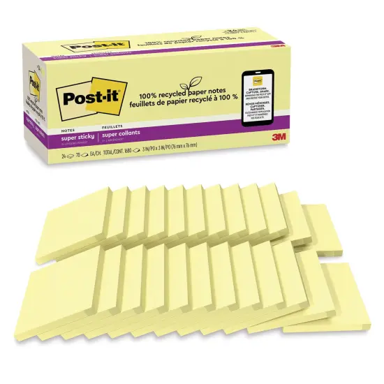 Post-it Recycled Super Sticky Notes - Canary Yellow, 3" x 3", Pkg of 24 {1}