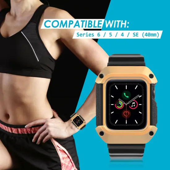 Insten Watch Band with Rugged Bumper Case Compatible with Apple Watch 40mm Series 6 SE 5 4, Replacement Strap, Black/Gold {5}