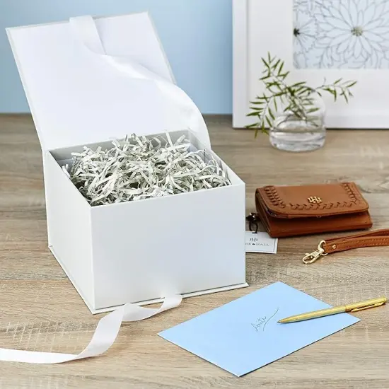 Medium Gift Box with Lid and Shredded Paper Fill (Grey White 7 inch Box) for Weddings, Bridal Showers, Graduations, Birthdays, Bridesmaids Gifts, All Occasion {2}