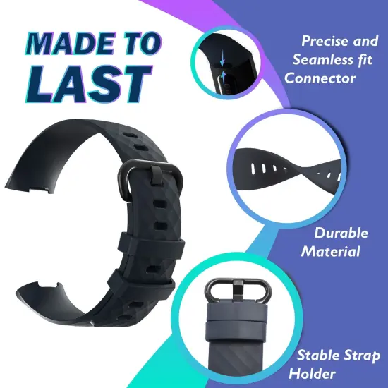 2-Pack Soft TPU Rubber Band Compatible with Fitbit Charge 4, Charge 3 & SE Special Edition Fitness Tracker, Adjustable Sports Replacement Wristband, Black+Navy Blue by Insten {6}