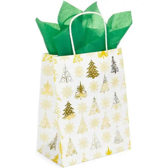 15 Pack Christmas Gift Bags with Handle Set, Includes 24 Tissue Paper Sheets, 10x8 inch Party Favor Bags for Xmas Gift Wrapping (3 Gold Foil Print Designs) {7}