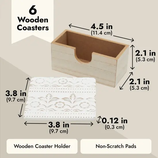 Set of 6 White Wooden Coasters with Holder for Drinks, Coffee Table, and Floral Farmhouse Decor (3.8 Inches) Brown {3}