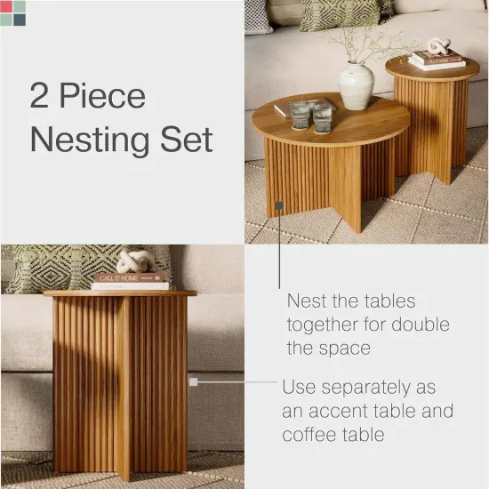Stead Round Fluted Nesting Coffee Tables, 2 Piece Coffee Table Set, Modern Coffee Table for Living Room, Modern Home Decor, Solid Wood Base and Wood Grain Veneer Top (Medium Oak) {4}