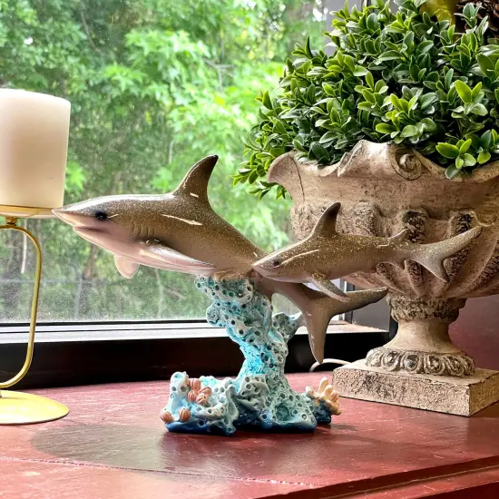 Double Sharks on Coral Statue 10" Hand-Painted Ocean Marine Decor {6}