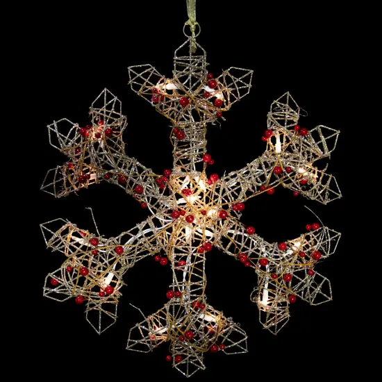 Northlight 19" Lighted Silver Glittered Berry Rattan Snowflake Christmas Window Decoration {1}