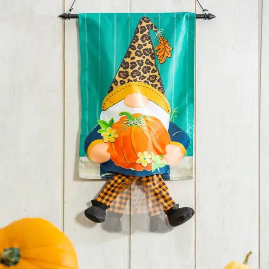 Fall Gnome With Pumpkin Kickin Garden Flag 2 Sided Applique {2}