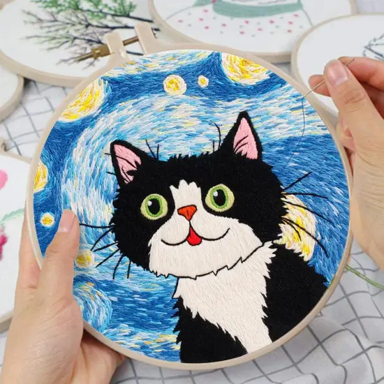 Louise Maelys Cat Starry Sky Embroidery Kits for Beginners with Floral Pattern,Adults Starter Cross Stitch Kit DIY Needlepoint {5}