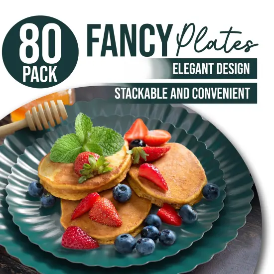 Earthtrends Scalloped Paper Plates 8.5 Inch & 10.5 Inch Dinner Plate Set &ndash; Fancy Disposable Plates for Party, Wedding, Birthday, Baby Shower &ndash; Large & Small Paper Plate Set for Parties, Events, Catering &ndash; ElegantFloral Design Black Aqua 80 {5}